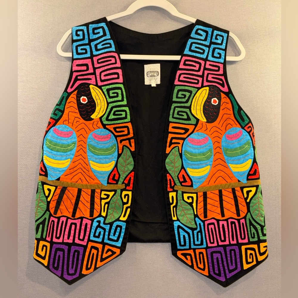 Colorful Embroidered Vest with Abstract Design isle island small tropical parrot